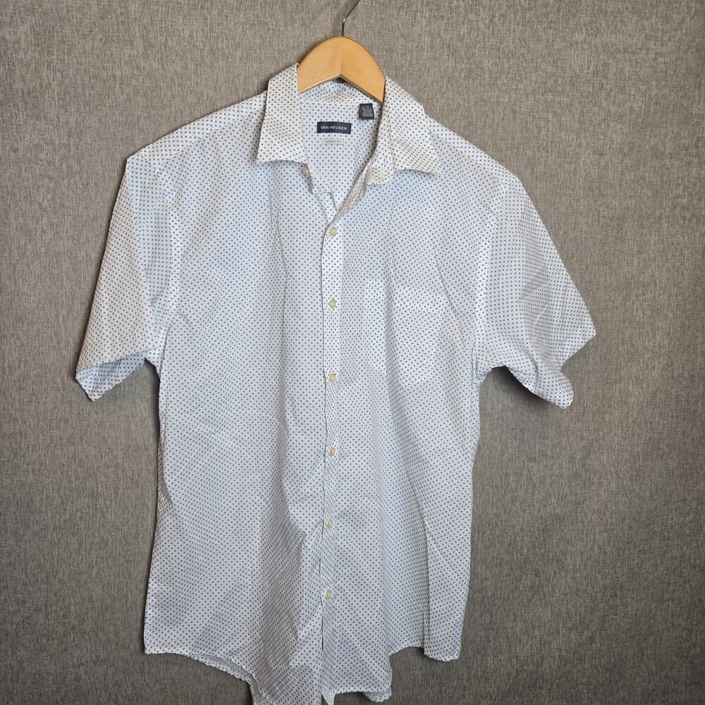 Van Heusen Men's Shirt Short Sleeve Large (16-16 1/2) White w Blue Accents